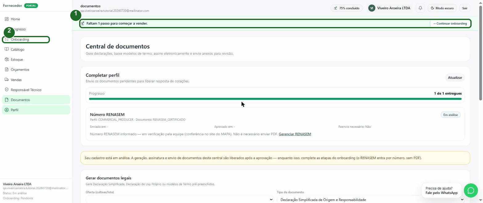 Central de documentos com o aviso "Faltam passos para começar a vender" e o item Onboarding destacado no menu