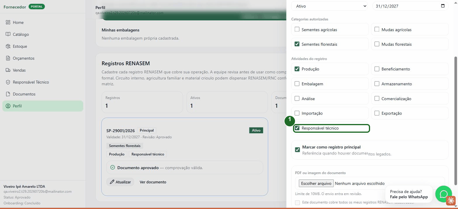 Registro RENASEM com o checkbox "Responsável técnico" marcado, entre as demais atividades