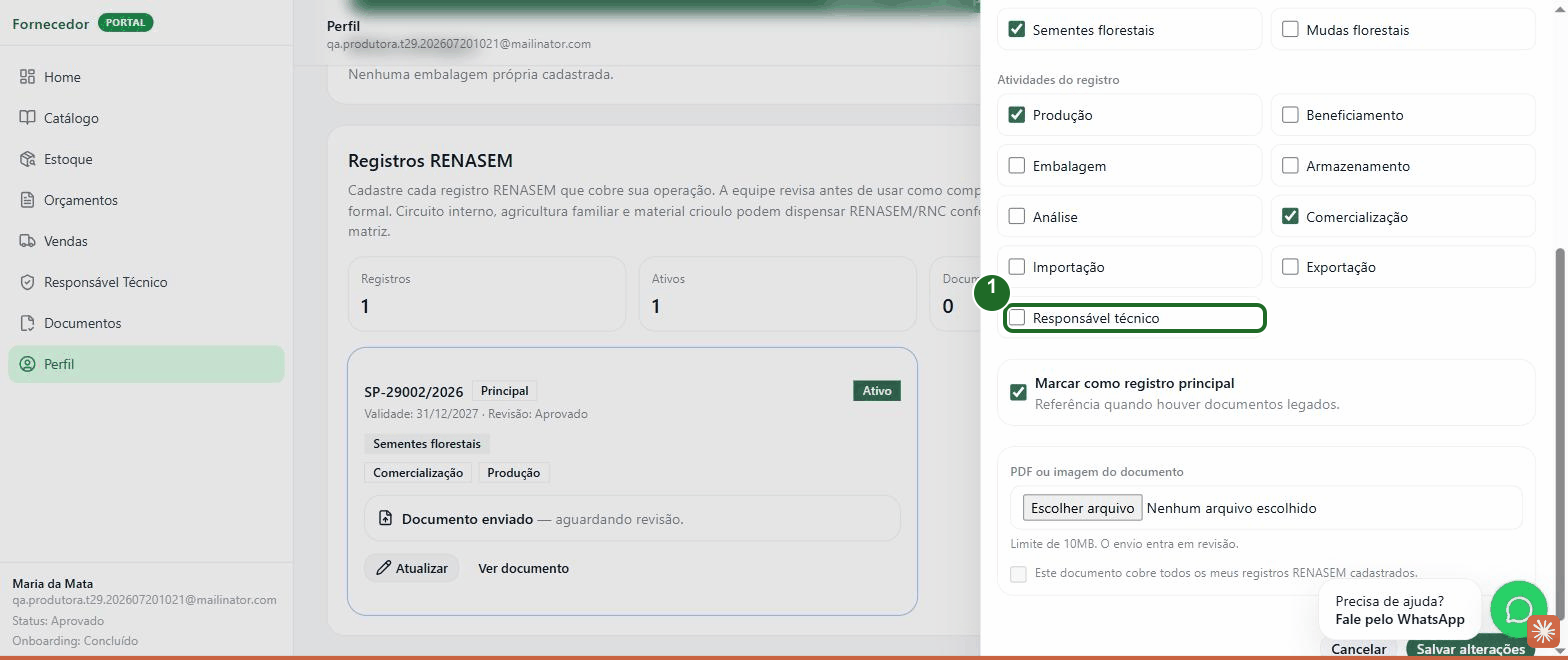 Registro RENASEM com o checkbox "Responsável técnico" desmarcado