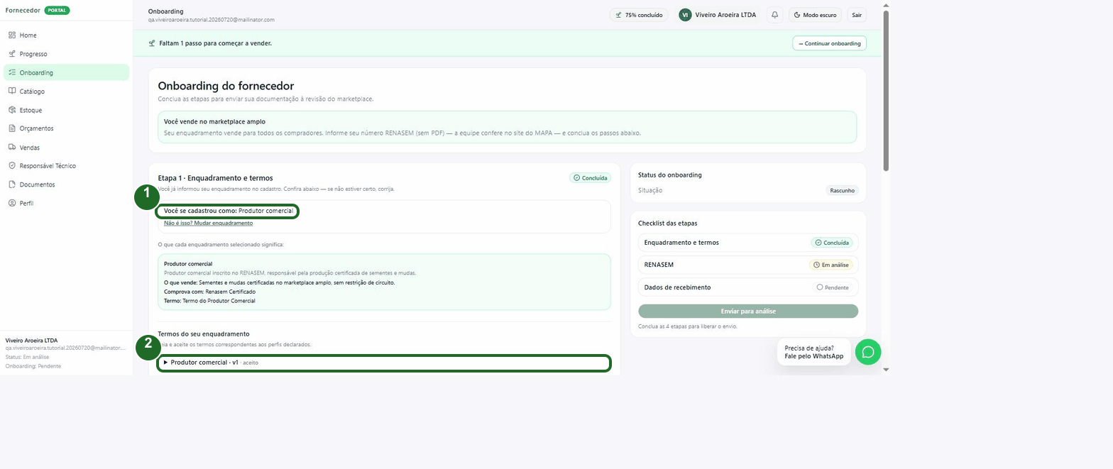 Wizard de onboarding com o enquadramento "Produtor comercial" confirmado e os termos já aceitos
