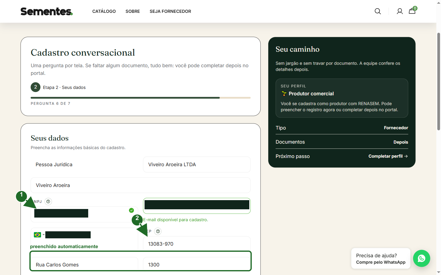 Tela "Seus dados" com destaque no CNPJ validado e no CEP que preenche o endereço automaticamente