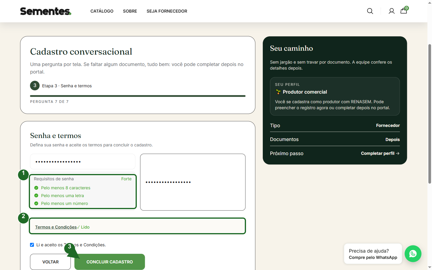 Tela "Senha e termos" com o checklist de senha, os termos lidos e o botão Concluir cadastro destacados
