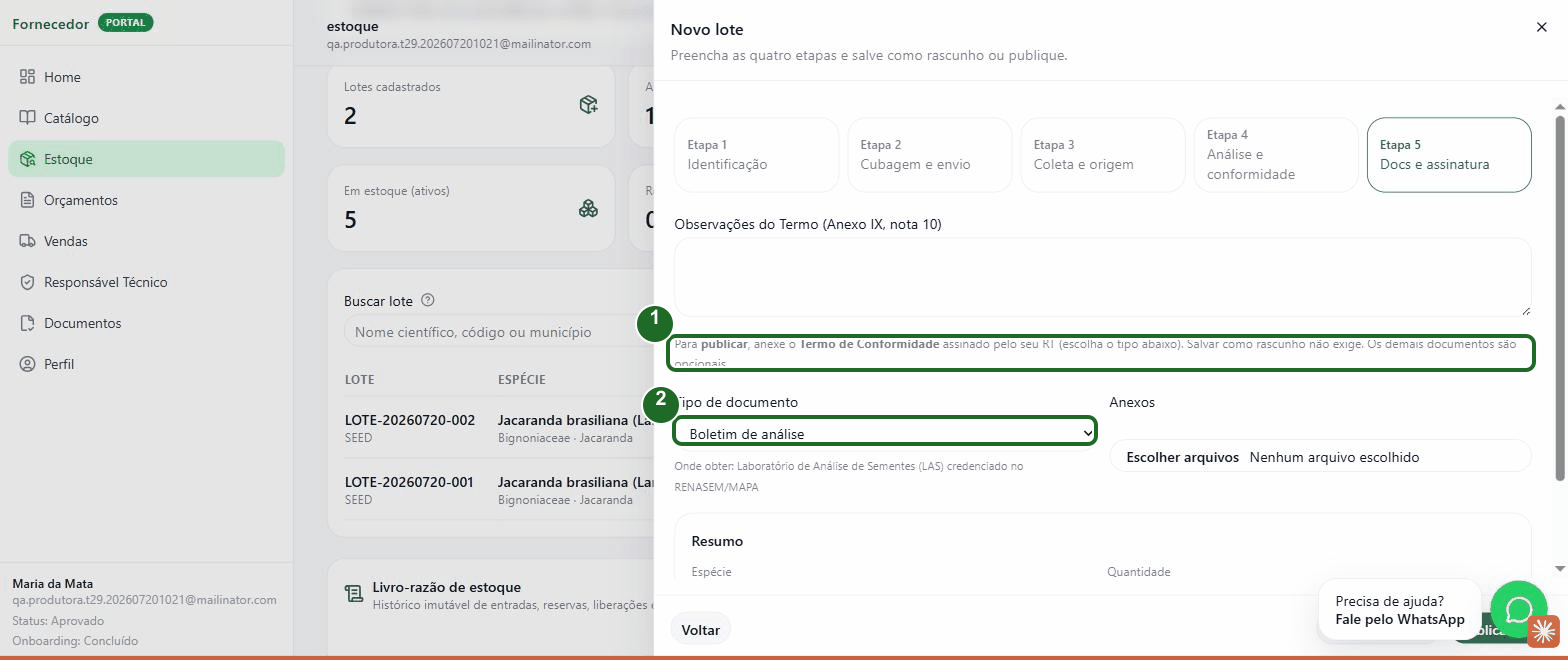 Wizard de novo lote com a instrução de anexar o Termo de Conformidade e o seletor de tipo de documento