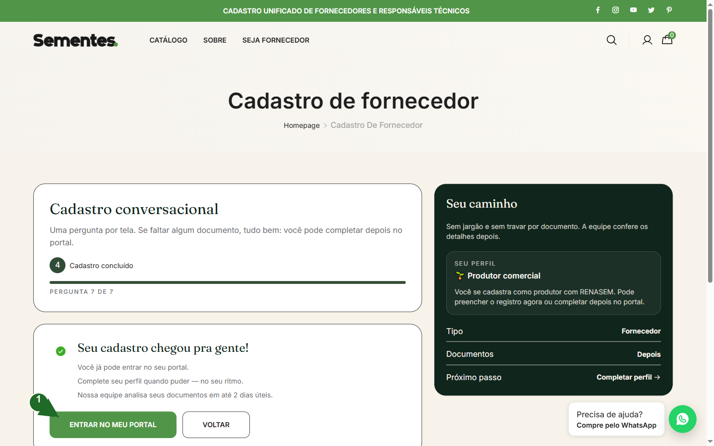 Confirmação de cadastro enviado, com o botão Entrar no meu portal destacado
