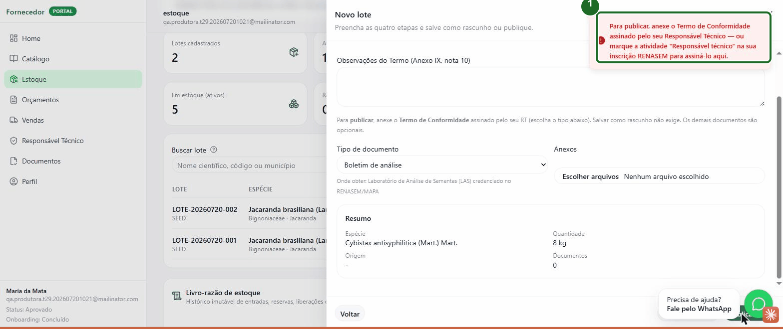 Erro ao tentar publicar sem Termo, com o texto pedindo para anexar o Termo ou marcar a atividade Responsável técnico