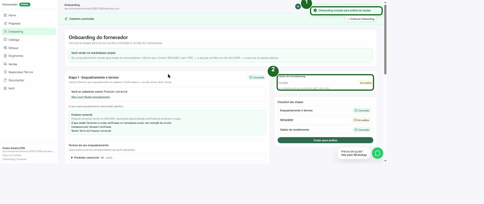 Confirmação de onboarding enviado, com o status "Em análise" e prazo de até 2 dias úteis