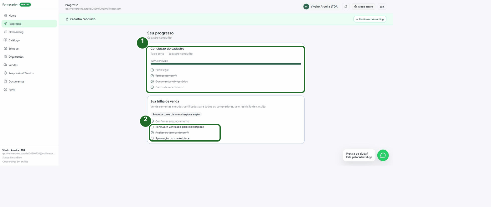 Tela Seu progresso com o cadastro 100% concluído e a trilha de venda mostrando RENASEM e aprovação ainda pendentes