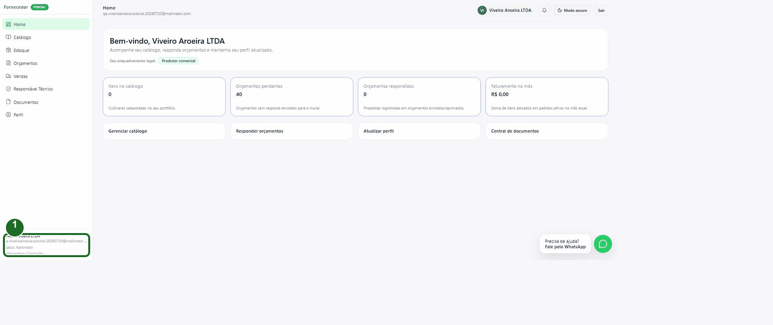 Home do fornecedor totalmente desbloqueada, com status Aprovado e onboarding concluído